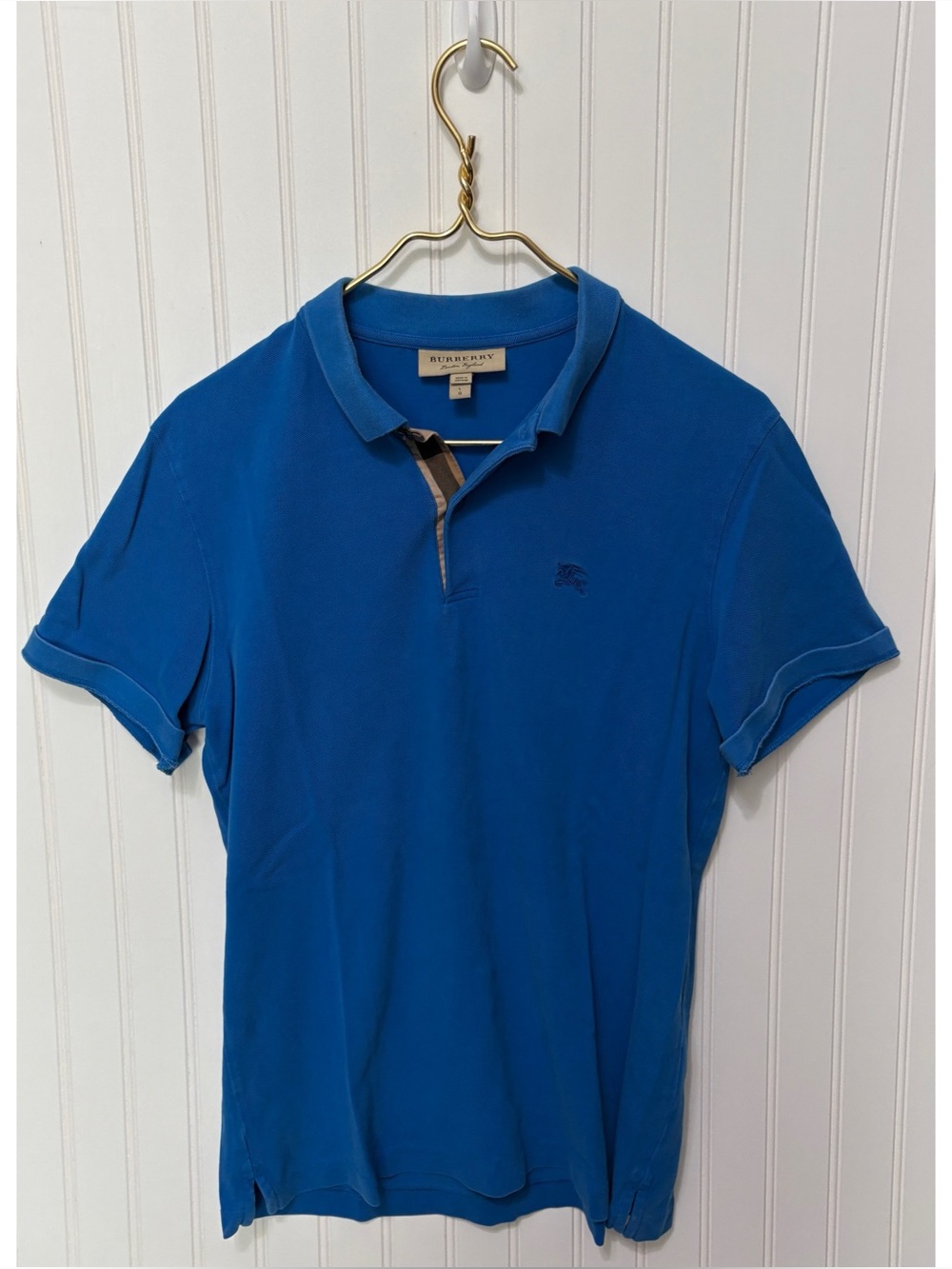 BURBERRY London Vivid Blue Nova Check Button Collar Polo Shirt Mens Size Large